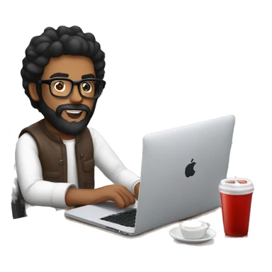 Designer with black hair, beard and glasses working with MacBook and drinking cappuccino with ketchup bottle sticker