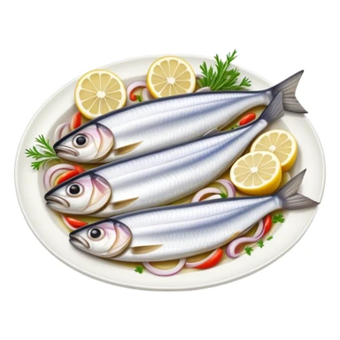 Cinematic Realistic Herring Dish Emoji, showcasing a traditional preparation of fresh herring with onions rendered with lifelike detail and cool, crisp lighting. sticker