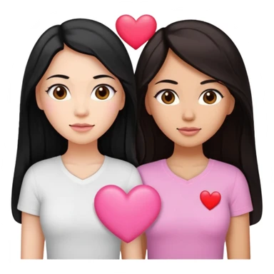 Dos mujeres juntas que una sea de color trigueña y de color blanca, cabello largo negro sea la de piel blanca y la de piel trigueña cabello castaño raya en medio, tengan polo blanco y tengan un corazon rosado arriba sticker