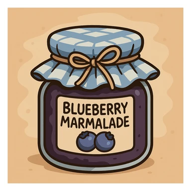cartoon style jar of blueberry marmalade with a blue and white tiled fabric cap and a bow tied on top sticker