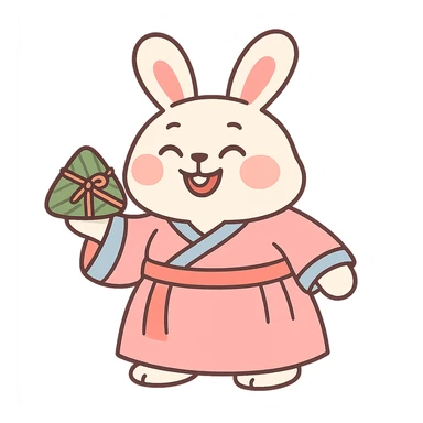 chubby bunny in hanfu holding a bamboo-wrapped zongzi with a big smile, Chinese traditional style, soft tones sticker