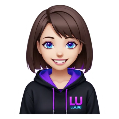 brown haired girl with a bob and blue eyes wearing black hoody with violet letters "Lu", laughs. Cyberpunk style. Violet neon. sticker