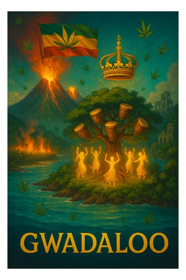 “Depict a mystical reimagining of Guadeloupe, a sacred French Caribbean island renamed Gwadaloo in spiritual rhythm. The landscape blends lush green mountains, twin volcanoes erupting golden light, and deep turquoise sea. In the center stands a legendary Drum Tree — its branches grow carved wooden drums instead of fruit, and glowing ancestral spirits dance around it in a circle of rhythm. Sugarcane fields burn gently in the background, symbolizing the release of colonial pain, while ganja leaves drift in the wind like blessings. Overhead, a sacred ganja-leaf flag flutters in the sky with red, green, and gold colors. A Creole crown floats in golden light above the island, not on any man’s head, but pulsing to the beat of the land. In the distance, ghostly ruins of colonial buildings crumble into dust, reclaimed by vines and time. Use a vibrant, cinematic color palette with warm golden light, deep greens, glowing reds, and ocean blues. Style the scene as prophetic, surreal, and empowering — a vision of Caribbean sovereignty, rhythm, and soul remembrance." sticker