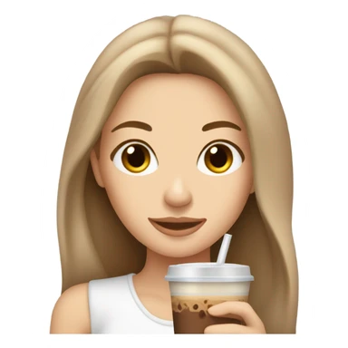 Beautiful white woman, long light brown hair, brown eyes, cozy holding an iced coffee sticker