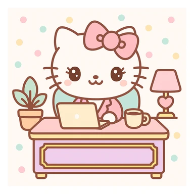 girly CEO cat with a big bow, sitting at a gold-accented desk, laptop and coffee cup, plush office decor, Hello Kitty world, kawaii style sticker