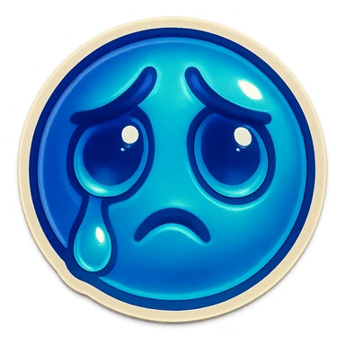 Twitch subscriber emoji showing tears, sad eyes, blue tones, single tear drop, melancholic expression sticker