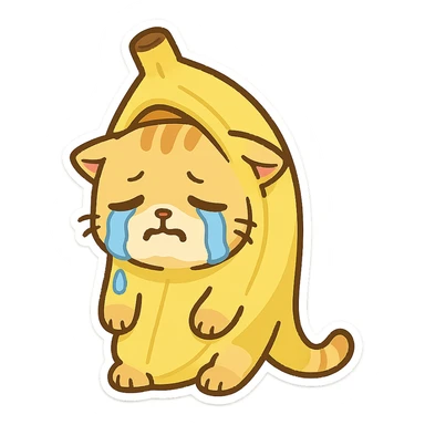 Cat meme, a little yellow cat wearing a banana suit, weak and helpless, crying sticker