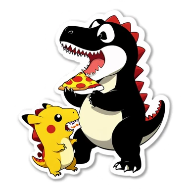T-Rex eating pizza with Pikachu add a panda and panda ￼ sticker
