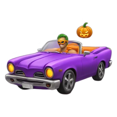 pumpkin superhero in a convertible with purple flames sticker