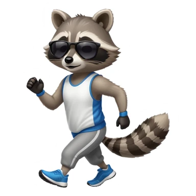 friendly anthropomorphised raccoon in sports wear, wearing dark sunglasses, jogging upright in relaxed pose sticker