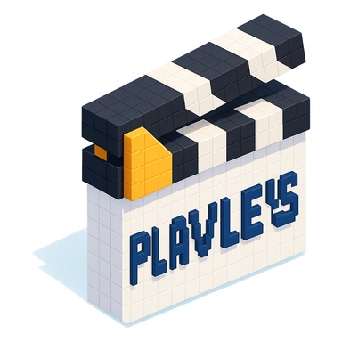 voxel style movie clapperboard with the text 'PLAVLEYS', white body, black lid, isometric view sticker