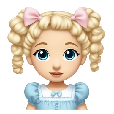 toddler girl with brown eyes and blonde curly hair in two pigtails wearing a baby blue lolita dress with baby pink hair bows sticker