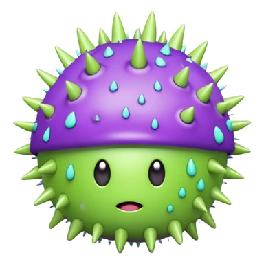 A cute but grumpy 3D render icon of a virus. A spherical shape covered in rounded mushroom-like spikes. Glossy plastic material, cartoonish style. Color palette: bright slime green and purple spikes. Soft studio lighting. Isolated on a solid light background. Minimalist design. sticker