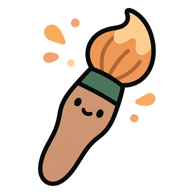 A cute and whimsical artist's paintbrush with a soft and cozy design, featuring a warm color palette: golden orange (FA9B41), deep forest green (4A7C5C), muted taupe brown (96775A), and pastel peach (FFCC9A). The brush has a delicate wooden handle in muted brown, with the bristles slightly fanned out, holding a touch of paint in shades of peach and orange. The tip of the brush is dipped in a soft golden hue, and tiny splashes of paint in the palette’s colors are gently scattered around. The overall mood is playful, artistic, and charming, evoking a sense of creativity and warmth. sticker