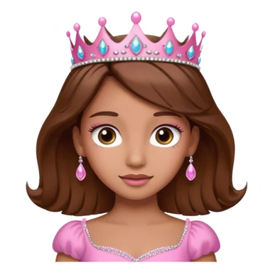 A pretty princess emoji with eye lashes, tan skin and brown hair with a pink dress and tiara  sticker