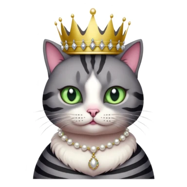 Gatito gris oscura con rayas negras ojos verdes vestida de reina con coronas y diamantes, más peluda y gordita  sticker