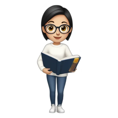 dark haired girl with a pony tail, wearing a white sweater with a new year ornament, in dark blue jeans. She is holding a book of English grammar in her hands. The girl is in glasses.  sticker