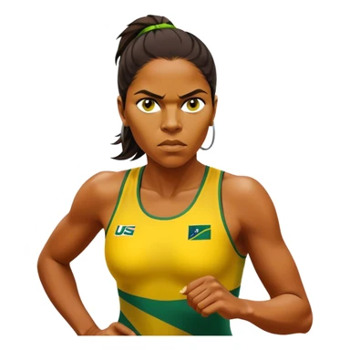 Cinematic Realistic portrait of Cathy Freeman, shown as an iconic Australian sprinter with a focused, determined expression and modern athletic yellow and green attire accented with subtle native motifs, rendered in dynamic, vibrant lighting sticker