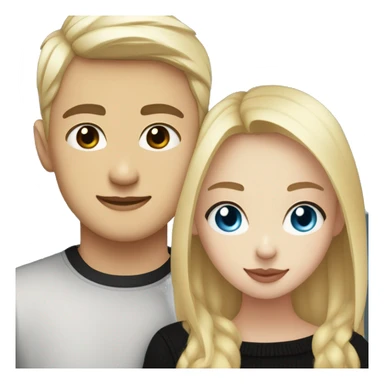 Blonde girl with blue eyes in black sweater and an east asian with light skin man with black hair and black eyes hugging sticker