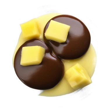 Chocolate and vanilla quenelle on glass plate with 3 drops of pineapple sauce sticker