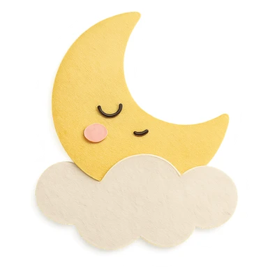 kawaii sleepy yellow moon resting on a white cloud pillow, no arms, no legs, full body, soft pastel colors, kawaii paper craft style sticker