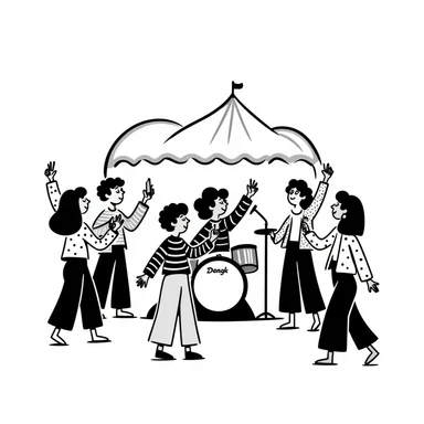 music festival, group of friends enjoying live music, summer, bright colors, playful vibe, doodle style sticker