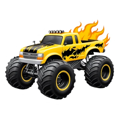 Maximum Destruction - Monster Jam (Model Year: 2021) (Iconic colour: Yellow with black flames) - A ferocious monster truck featuring a vivid yellow base accented by dramatic black flame patterns. Emphasize sharp, high-contrast flame streaks across the body, creating a look of aggressive, explosive energy. sticker
