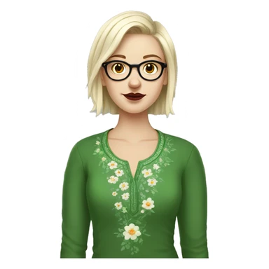 White girl in a green kurta with flower design, glasses, alot of piercing, gay, red lips, nose ring, full body, short straight edgar hair, sticker