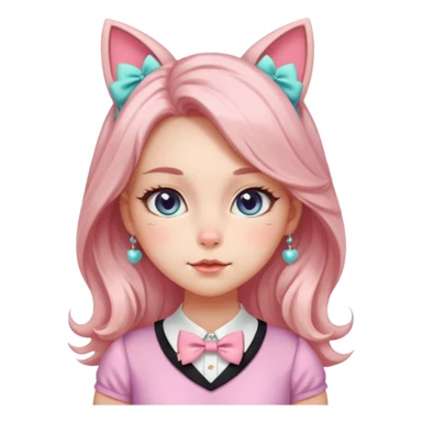 Gorgeous shiny smooth soft pretty aesthetic elegant beautiful gorgeous cute kawaii pastel anime style lady with blushing cheeks, cat ears, long beautiful Lucious stylish hair, big pretty eyes, cute colorful pastel dress and skirt and bow ties, and necklace sticker