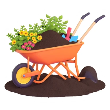 wheelbarrow with soil fertilizer and gardening tools sticker