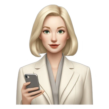 pale skin woman with ash blonde Straightened bob Hair, White Spacious classical jacket, beige palazzo Arrow pants and gray blouse holding white IPhone 15 pro in the hands sticker