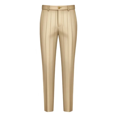 beige formal pants with white vertical pinstripes as a decorative pattern, thin white stripes running vertically on beige fabric, tailored trousers, isolated garment only sticker