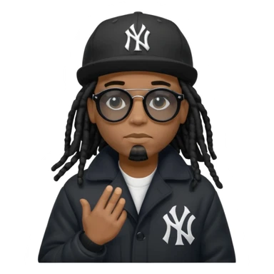 African American man with shoulder length black dreadlocks wearing black sunglasses with black bubble winter coat wearing a New York Yankees baseball hat with hands thinking on face sticker