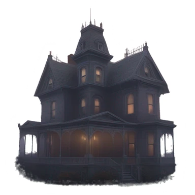 Wide view, A very roomy ramshackle Victorian Addams mansion looms through light fog at dusk  sticker