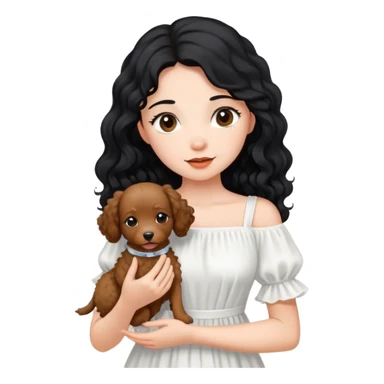 A beautiful girl with long black hair in a white dress holds a small brown curly-haired dog sticker
