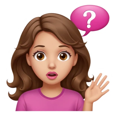 girl with long wavy brown hair, brown eyes, light to medium complexion, in a pink shirt, pink lips, long lashes, surprised, question mark speech bubble sticker