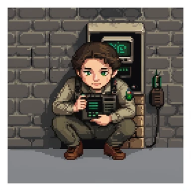 Mossad spy crouched behind a wall, holding a small radio, alert expression, pixel art style, simple background sticker