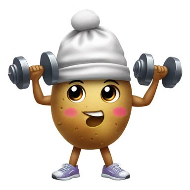 Picture a little potato character with arms, wearing tiny workout gear like a headband and sneakers. It’s lifting a dumbbell in one hand and dripping sweat with tiny droplets around it, maybe even with a determined facial expression. sticker