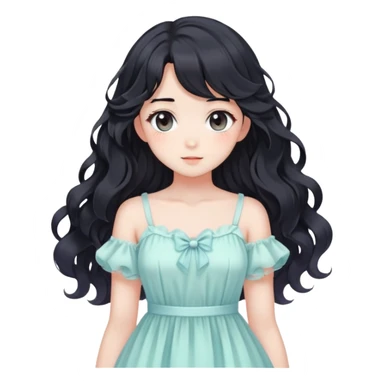Pretty anime girl with flowing black wavy hair and a soft delicate pastel dress, kawaii style sticker
