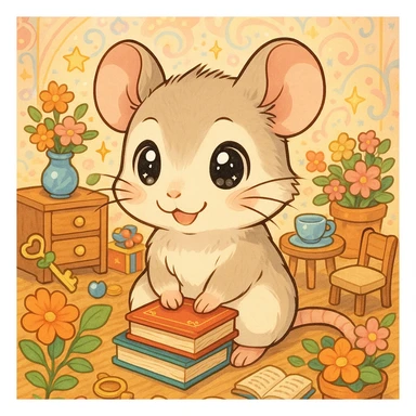 a cute rat in anime drawing style, surrounded by many objects and details, vibrant colors, adorable expression, decorative background sticker