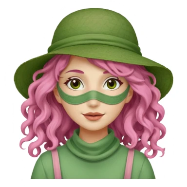 pink haired very long curly haired woman with full full face green clay mask and a hat sticker