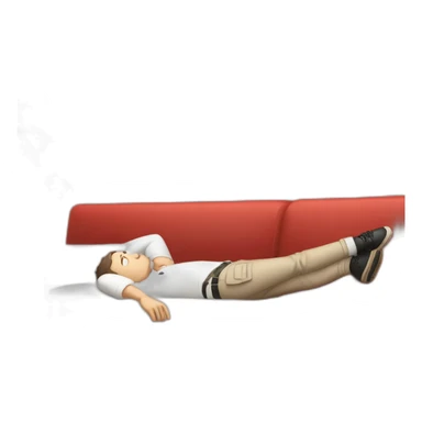 tim robinson very tired laying down on a red couch in a long sleeve white polo shirt, chest up clean shaven, laying flat across couch, arms at side sticker