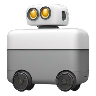 solid horizontal rectangle gray delivery robot with white circle white led eyes and opening lid on 4 wheels with food, minimalistic design sticker