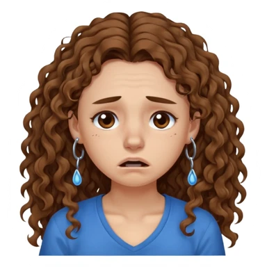white young curly long hair girl, brown hair, with a blue shirt, in despair crying, brown eyes, septum sticker