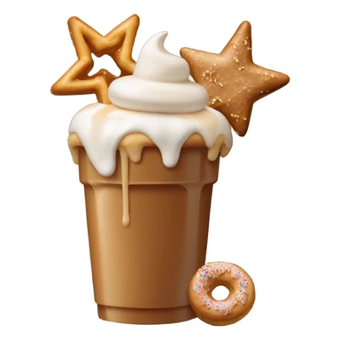 a caramel toffee shake topped with a toffee donut hole, gold star marshmallow, toffee covered pretzel and macadamia nut cookie sticker