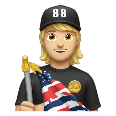 A blond guy with a black cap holding a flag that says ratio. sticker