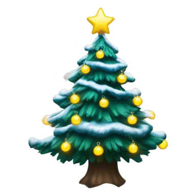 Dark Green Christmas tree with snow on it. blue & white Christmas ornaments on it. Yellow fairy lights. sticker