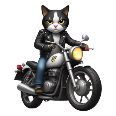 Angry, black and white cat wearing a leather jacket on a motorcycle sticker