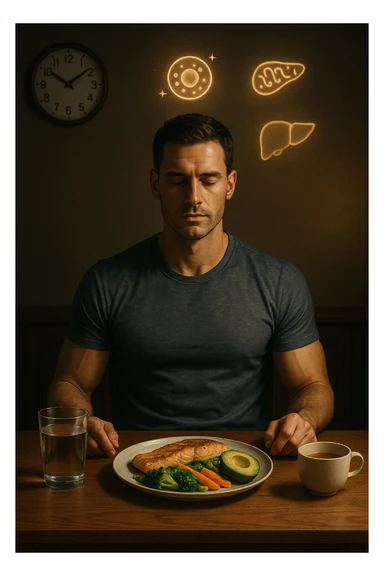A realistic, cinematic illustration of a healthy, fit man in his early 30s with a calm, disciplined expression, sitting at a clean wooden table in the evening with a single, balanced, nutrient-dense meal in front of him (grilled salmon, colorful vegetables, avocado). The rest of the day he drinks only water and herbal tea, visible in a glass and a simple cup on the side. A wall clock in the background shows 6:00 PM, emphasizing that this is his only meal of the day (OMAD). Subtle glowing icons above him display a regenerating cell, mitochondria, and a liver symbol, representing autophagy, longevity, and health benefits of OMAD. The lighting is warm, with cinematic shadows and natural tones, creating a sense of discipline, mental clarity, and health optimization. The man looks centered and content, showing that OMAD is a conscious choice for energy and regeneration, not restrizione. The scene is realistic with slight film grain for depth sticker
