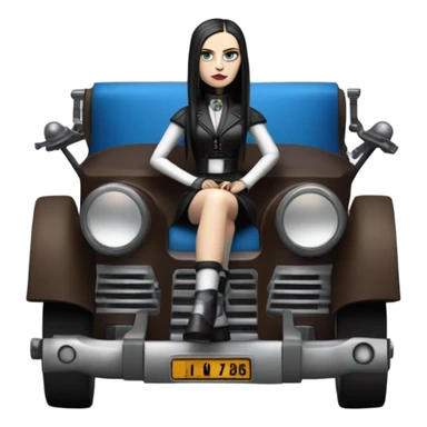 Jedi bounty hunter Wednesday Addams racing sitting in a modern blue,red and pewter steampunk electric luxury sticker